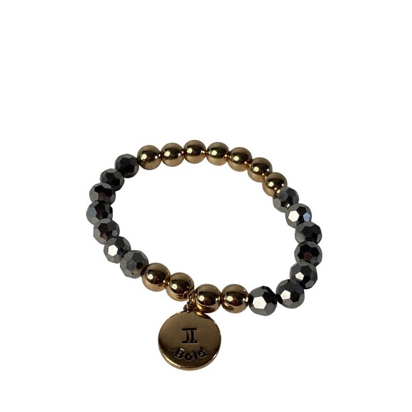 Gemini Bold Charm Stretchy Bracelet With Goldtone and Grey Beads - Picture 3 of 5